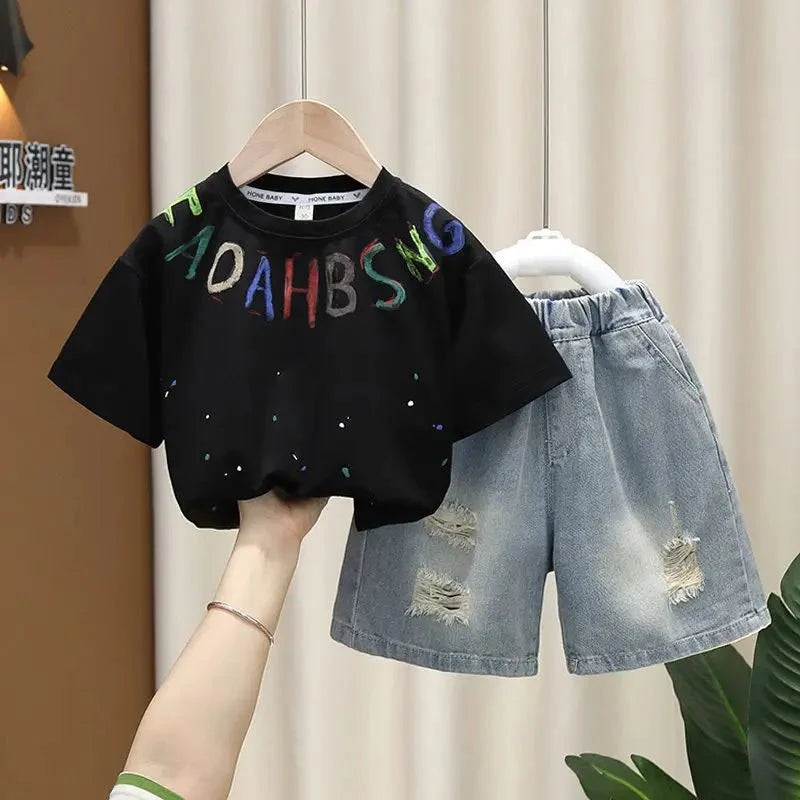 Korean Boys Summer Children's Top and Bottom 2PC Sets Short Sleeve T-Shirt & Denim Shorts Kids Clothes 1-7 Years Black
