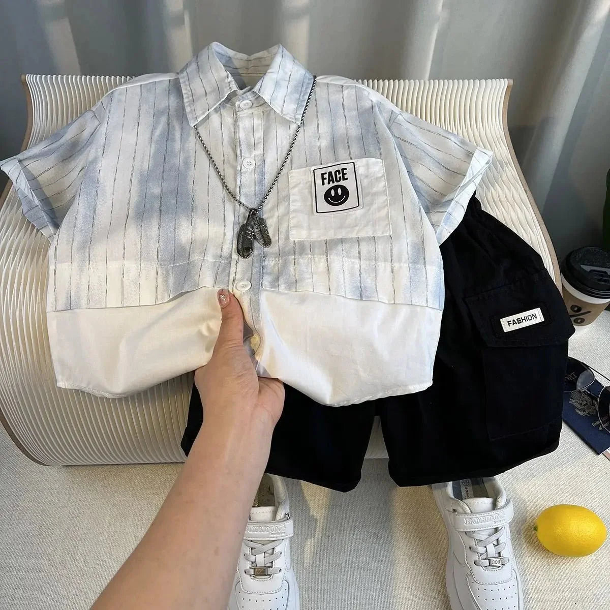 Korean Boys Summer Children's Top and Bottom 2PC Sets Short Sleeve T-Shirt & Denim Shorts Kids Clothes 1-7 Years Black