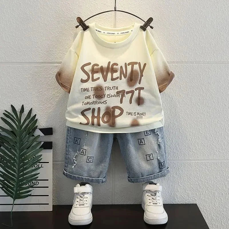Korean Boys Summer Children's Top and Bottom 2PC Sets Short Sleeve T-Shirt & Denim Shorts Kids Clothes 1-7 Years Black