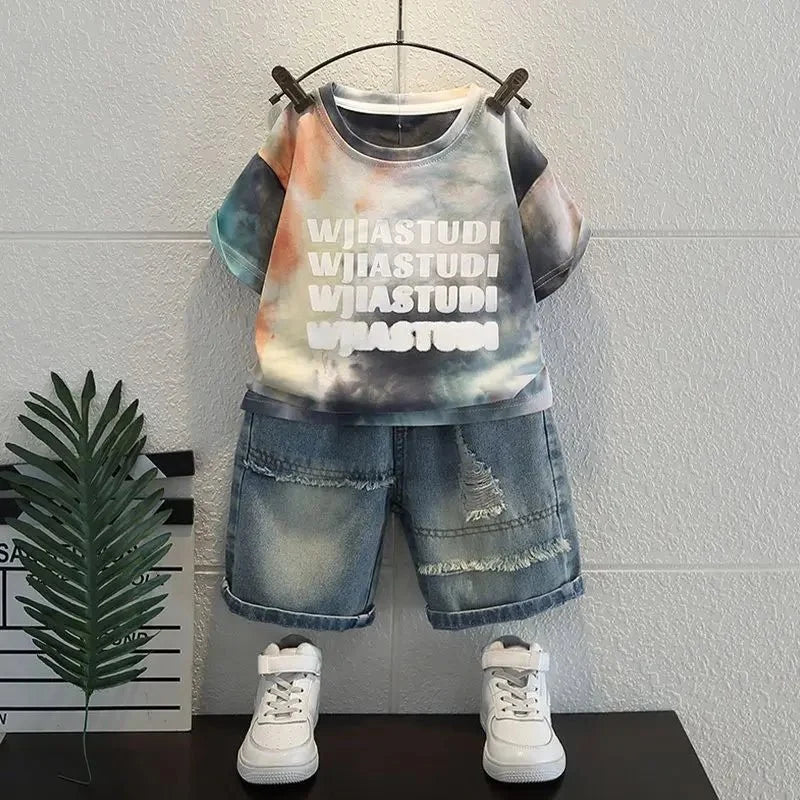 Korean Boys Summer Children's Top and Bottom 2PC Sets Short Sleeve T-Shirt & Denim Shorts Kids Clothes 1-7 Years Black