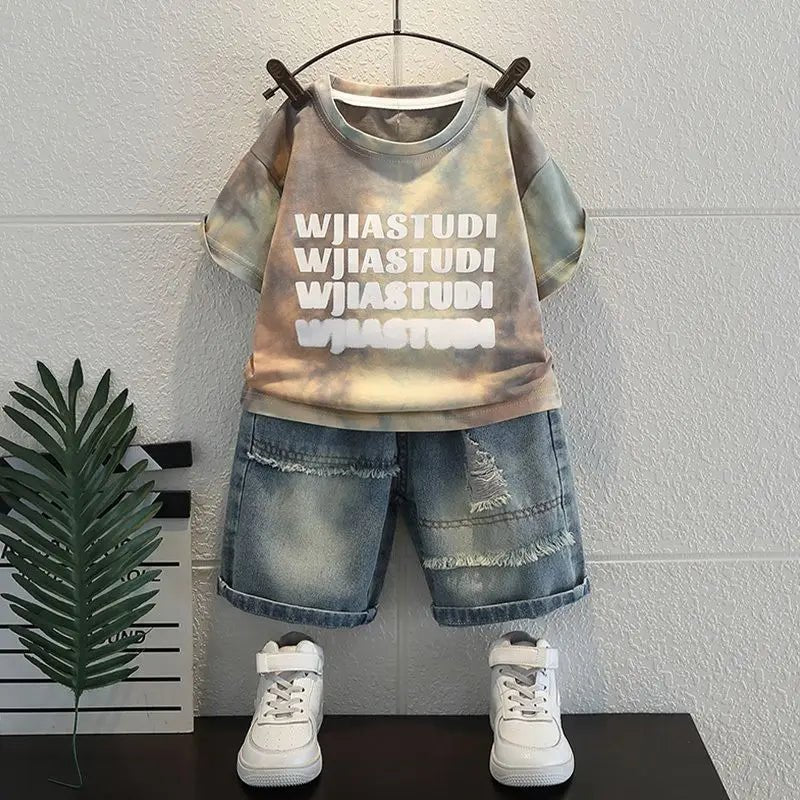 Korean Boys Summer Children's Top and Bottom 2PC Sets Short Sleeve T-Shirt & Denim Shorts Kids Clothes 1-7 Years Black