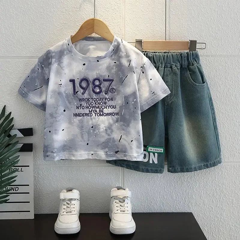 Korean Boys Summer Children's Top and Bottom 2PC Sets Short Sleeve T-Shirt & Denim Shorts Kids Clothes 1-7 Years Black