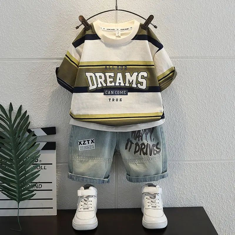 Korean Boys Summer Children's Top and Bottom 2PC Sets Short Sleeve T-Shirt & Denim Shorts Kids Clothes 1-7 Years Black