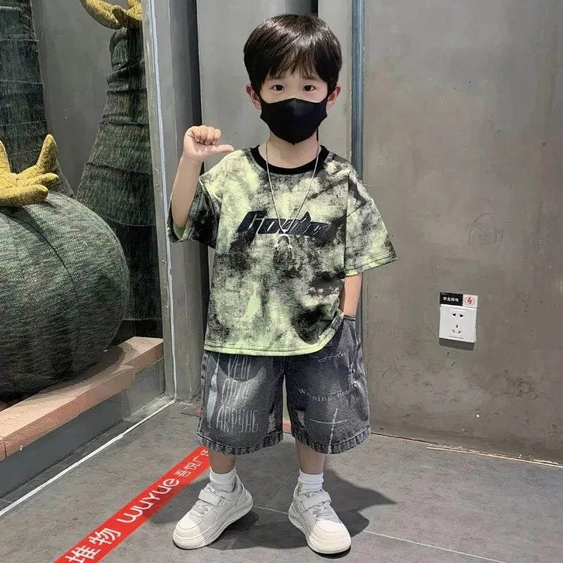 Korean Boys Summer Children's Top and Bottom 2PC Sets Short Sleeve T-Shirt & Denim Shorts Kids Clothes 1-7 Years Black