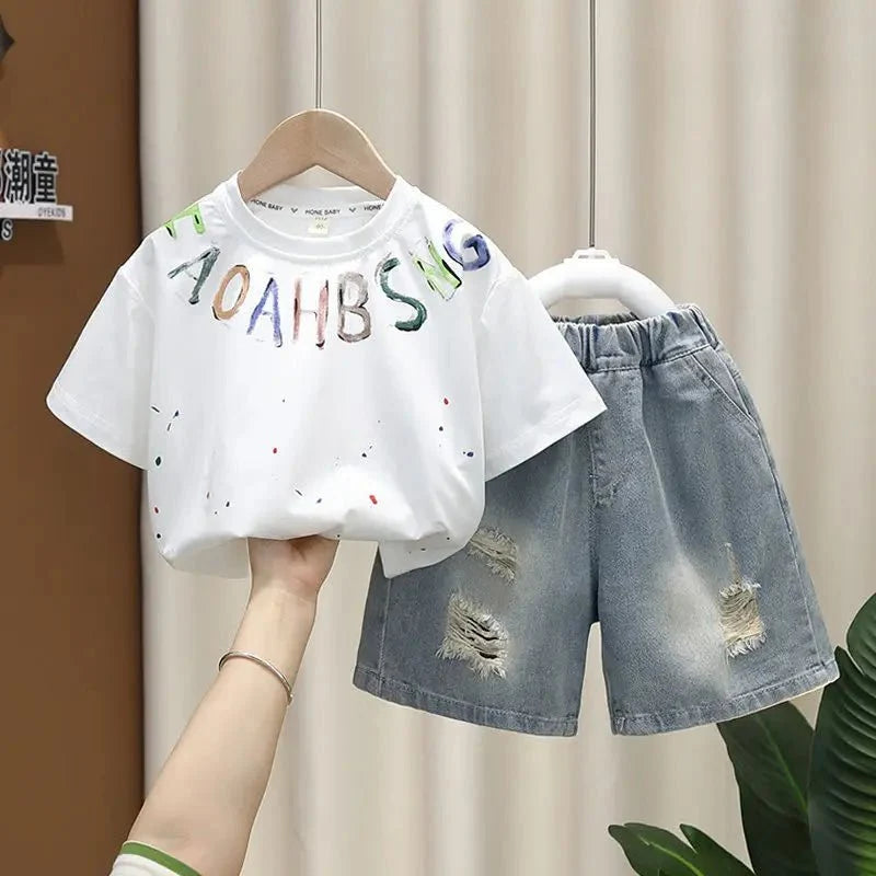 Korean Boys Summer Children's Top and Bottom 2PC Sets Short Sleeve T-Shirt & Denim Shorts Kids Clothes 1-7 Years Black