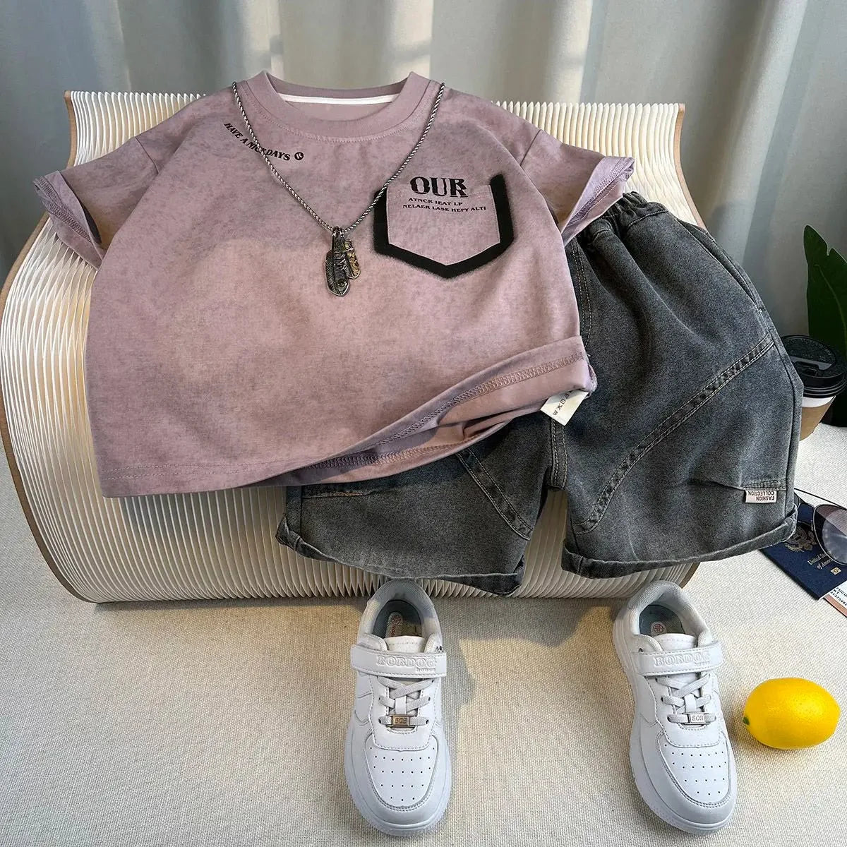 Korean Boys Summer Children's Top and Bottom 2PC Sets Short Sleeve T-Shirt & Denim Shorts Kids Clothes 1-7 Years Black