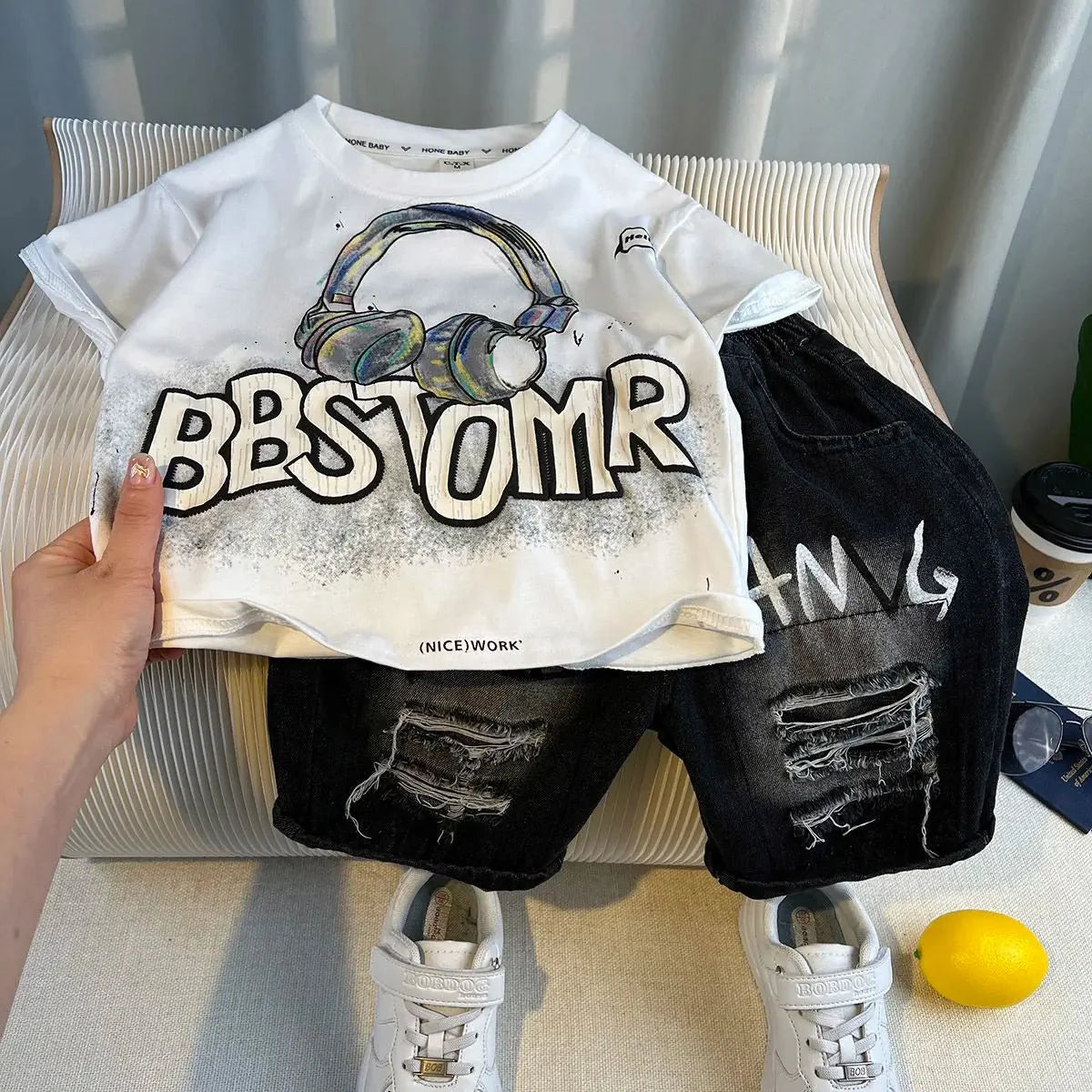 Korean Boys Summer Children's Top and Bottom 2PC Sets Short Sleeve T-Shirt & Denim Shorts Kids Clothes 1-7 Years Black