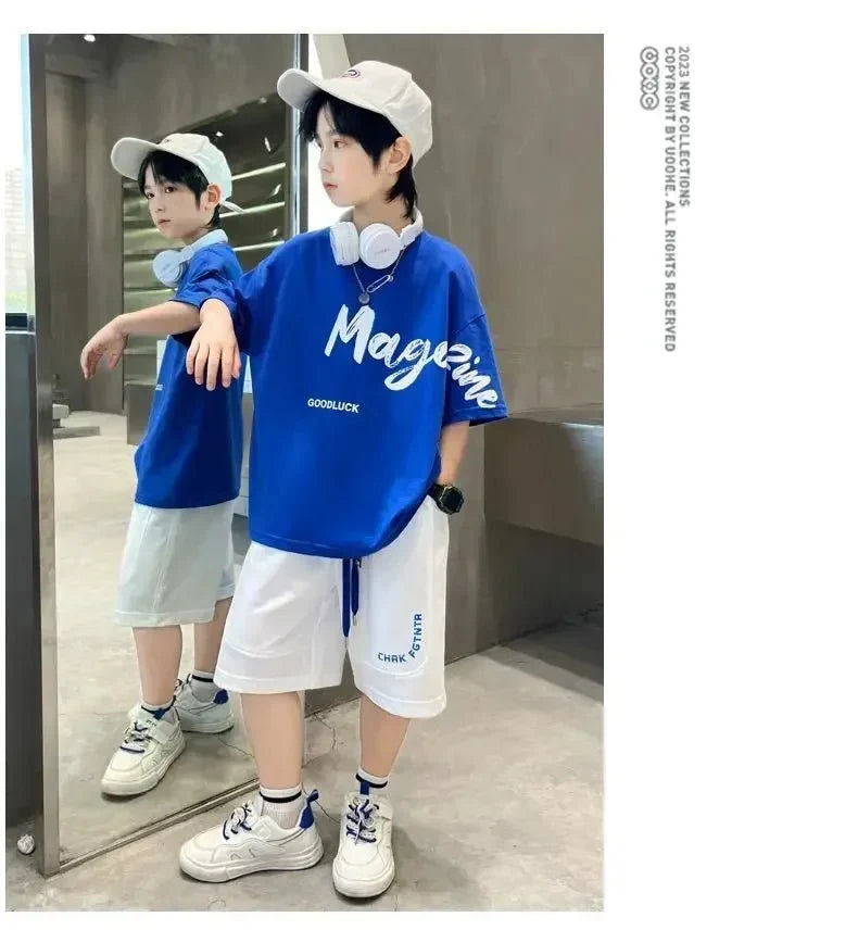 Korean Thin Sports Summer Two-Piece Set Boys Summer Set New Children's Summer Medium and Large Children's Boy - Boys Summer