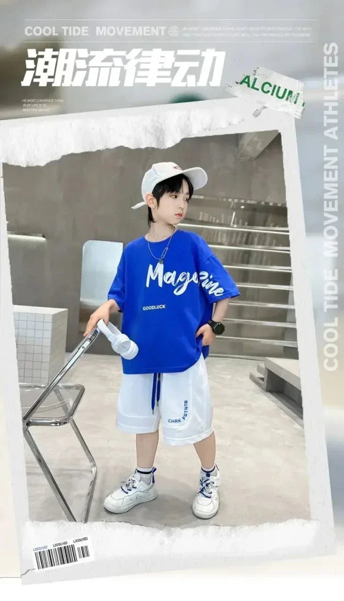 Korean Thin Sports Summer Two-Piece Set Boys Summer Set New Children's Summer Medium and Large Children's Boy - Boys Summer