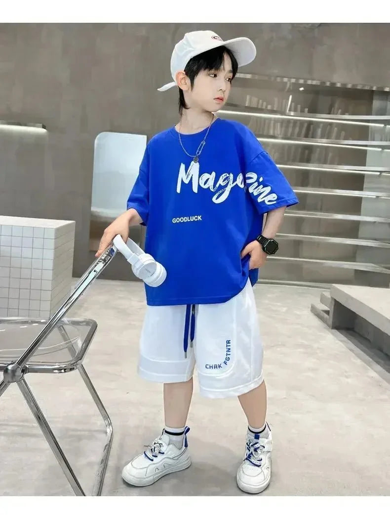 Korean Thin Sports Summer Two-Piece Set Boys Summer Set New Children's Summer Medium and Large Children's Boy - Boys Summer