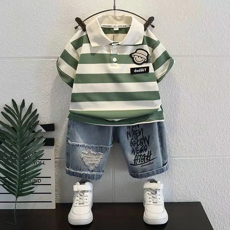 New Boutique Outfits Striped Turn-down Collar T-shirts Tops+Shorts 2PCS Korean Fashion Kids Golf Sport Clothing - Boys