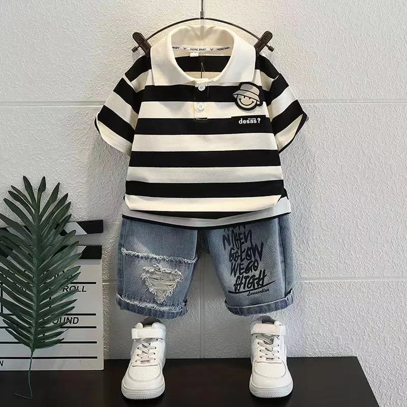 New Boutique Outfits Striped Turn-down Collar T-shirts Tops+Shorts 2PCS Korean Fashion Kids Golf Sport Clothing - Boys
