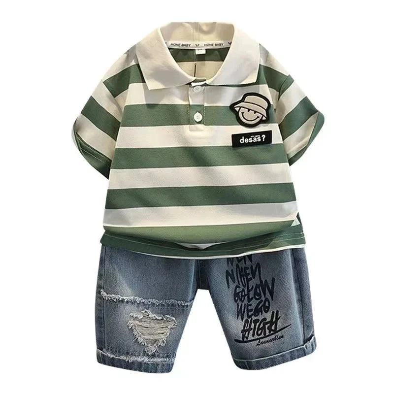 New Boutique Outfits Striped Turn-down Collar T-shirts Tops+Shorts 2PCS Korean Fashion Kids Golf Sport Clothing - Boys