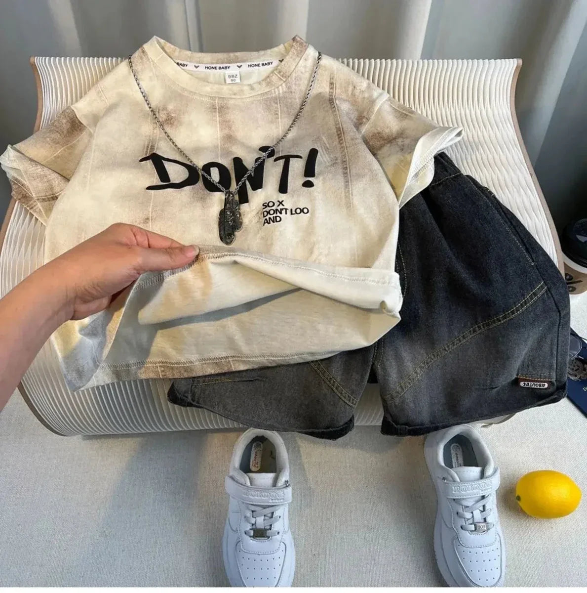 New Boys Fashion Summer Cotton Letter Printing T-shirts+Graffiti Denim Shorts 2pcs Set Kids Korean Outfits Sets Children