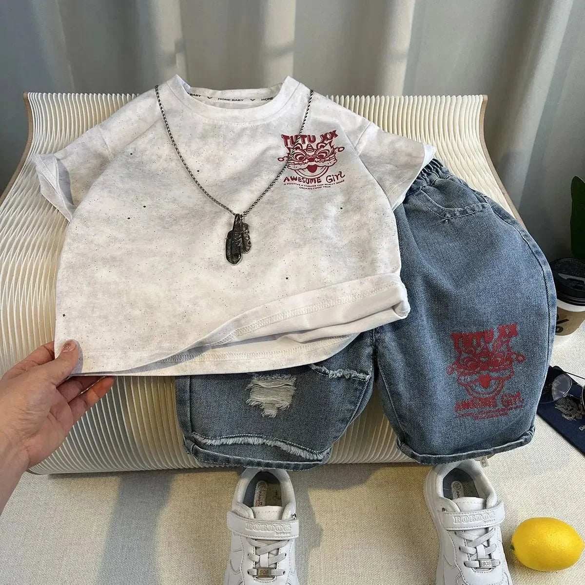 New Boys Fashion Summer Cotton Letter Printing T-shirts+Graffiti Denim Shorts 2pcs Set Kids Korean Outfits Sets Children