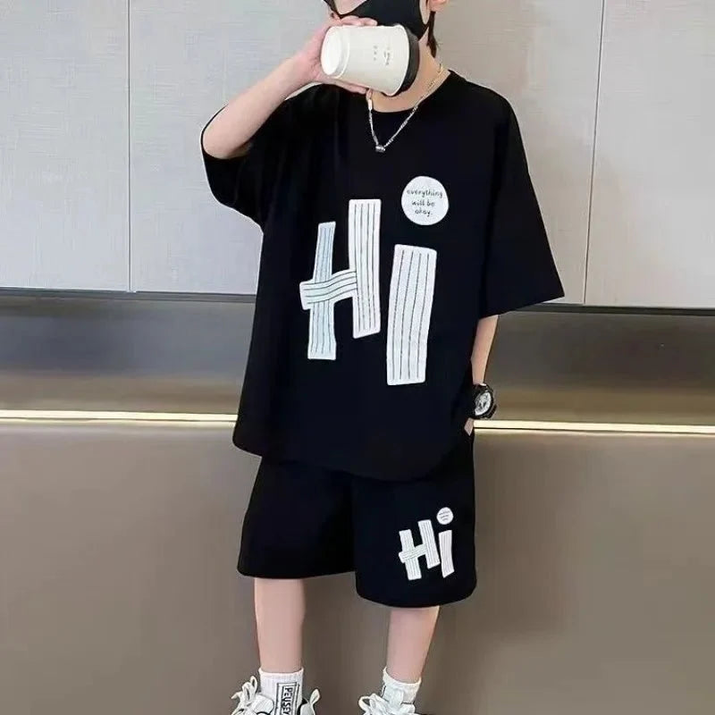 New Boys Sport Clothing Sets Summer Big Kids Loose Clothes Suit Short Sleeve Tops+Shorts 2Pcs Children Fashion Handsome