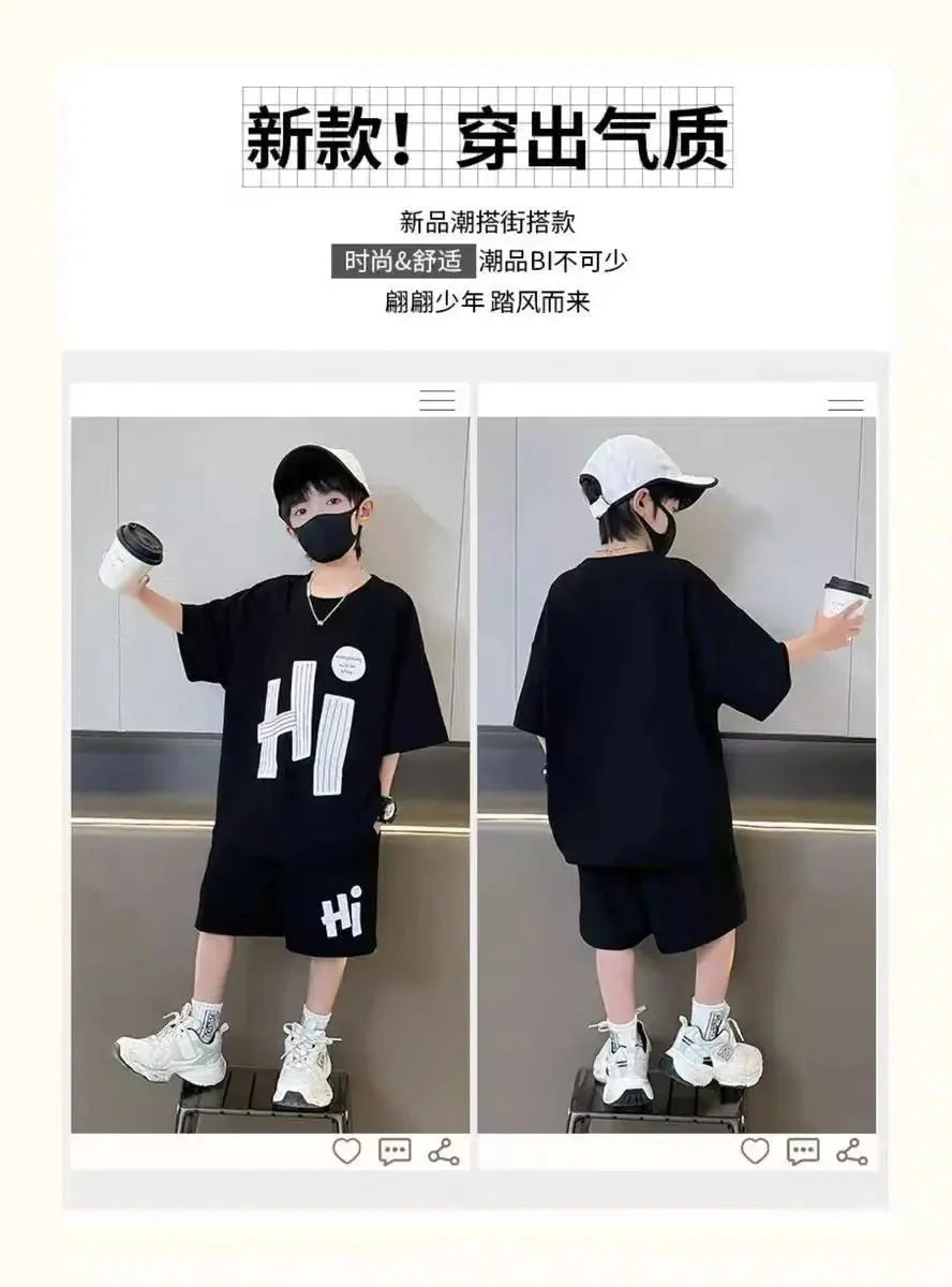 New Boys Sport Clothing Sets Summer Big Kids Loose Clothes Suit Short Sleeve Tops+Shorts 2Pcs Children Fashion Handsome
