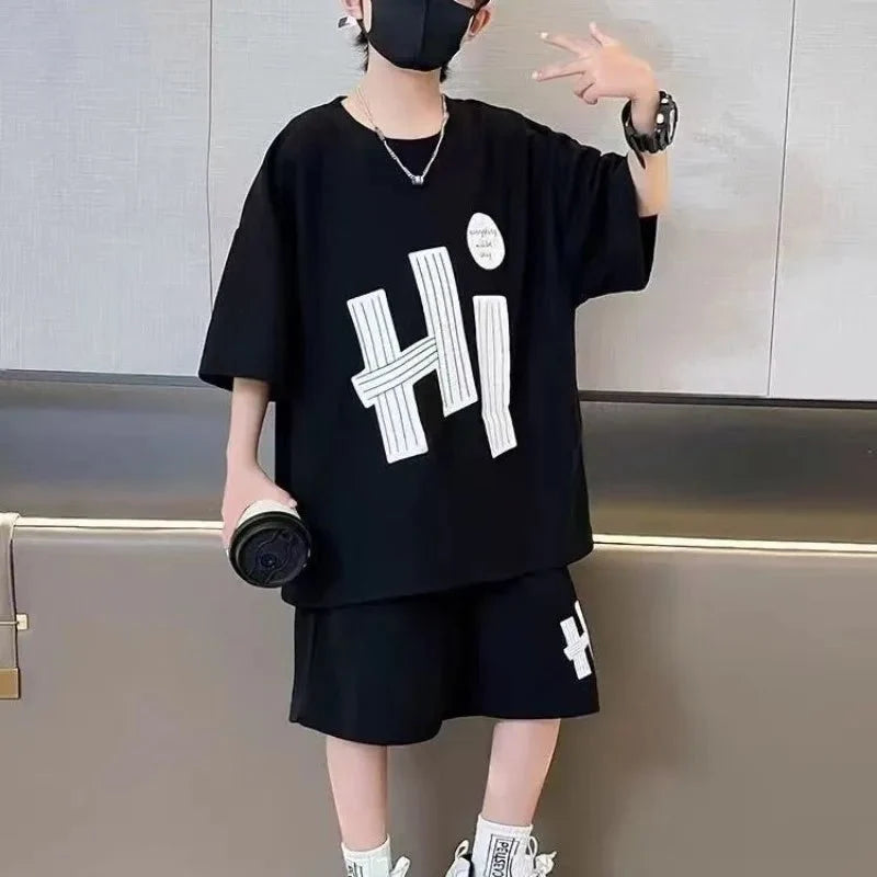 New Boys Sport Clothing Sets Summer Big Kids Loose Clothes Suit Short Sleeve Tops+Shorts 2Pcs Children Fashion Handsome