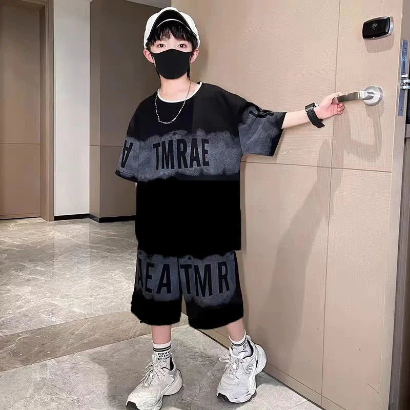 New Boys Sport Clothing Sets Summer Big Kids Loose Clothes Suit Short Sleeve Tops+Shorts 2Pcs Children Fashion Handsome