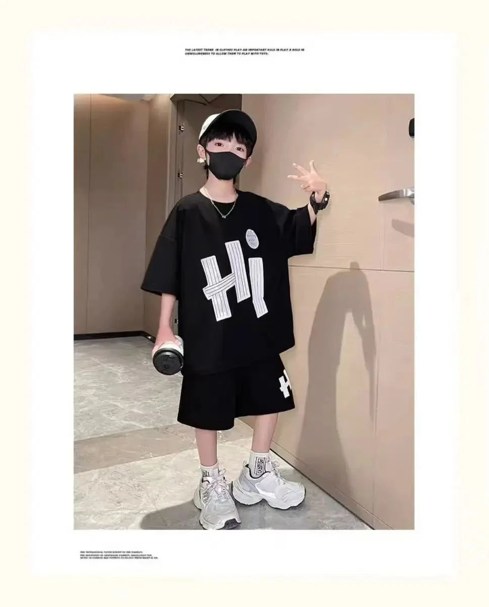 New Boys Sport Clothing Sets Summer Big Kids Loose Clothes Suit Short Sleeve Tops+Shorts 2Pcs Children Fashion Handsome