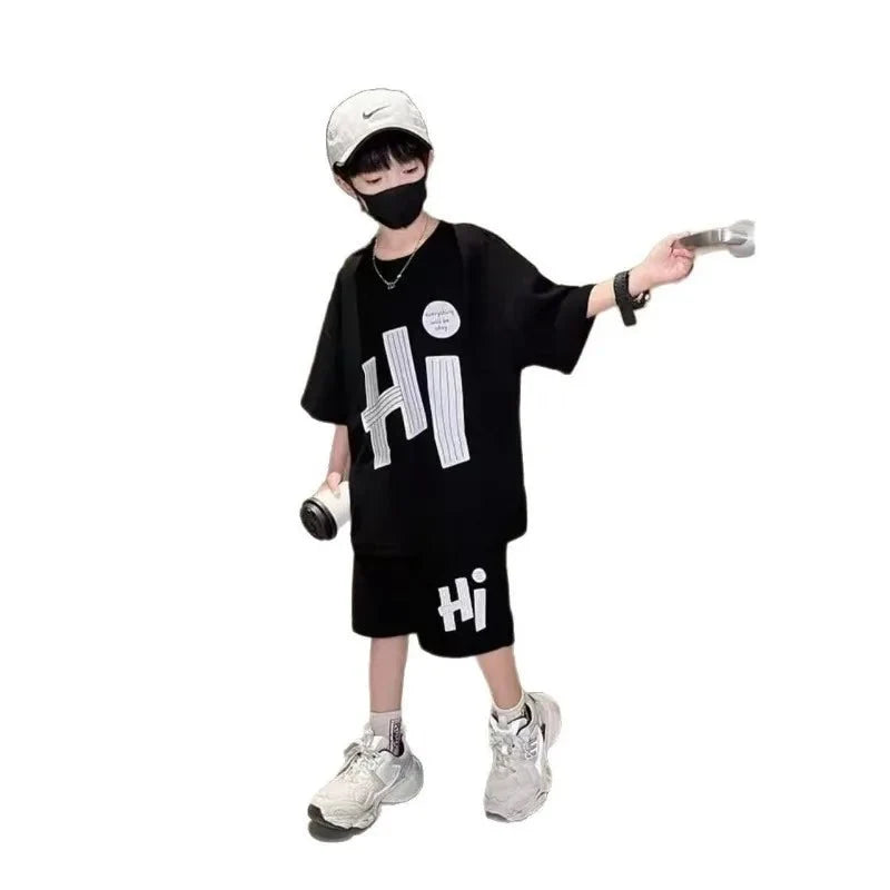 New Boys Sport Clothing Sets Summer Big Kids Loose Clothes Suit Short Sleeve Tops+Shorts 2Pcs Children Fashion Handsome