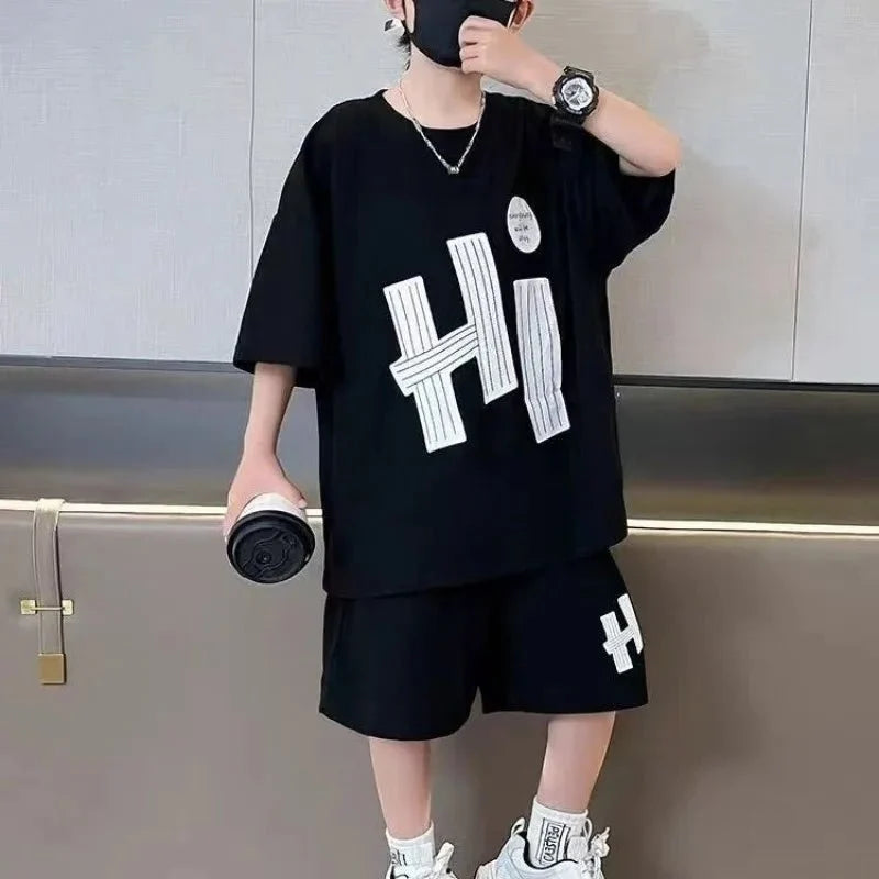 New Boys Sport Clothing Sets Summer Big Kids Loose Clothes Suit Short Sleeve Tops+Shorts 2Pcs Children Fashion Handsome