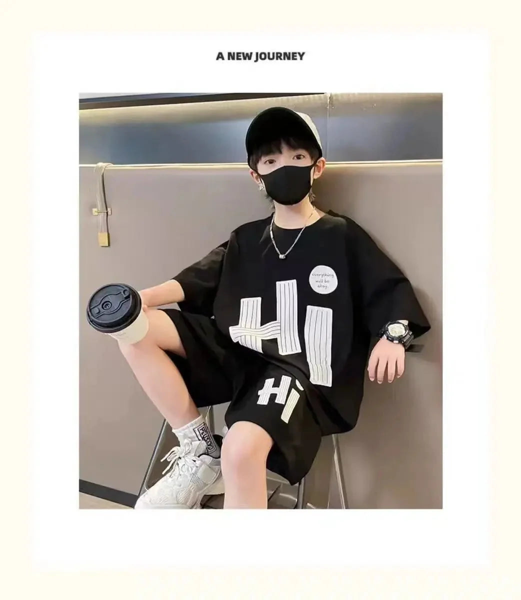 New Boys Sport Clothing Sets Summer Big Kids Loose Clothes Suit Short Sleeve Tops+Shorts 2Pcs Children Fashion Handsome
