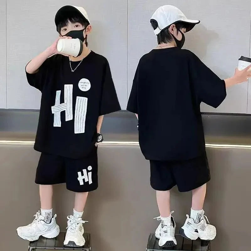 New Boys Sport Clothing Sets Summer Big Kids Loose Clothes Suit Short Sleeve Tops+Shorts 2Pcs Children Fashion Handsome