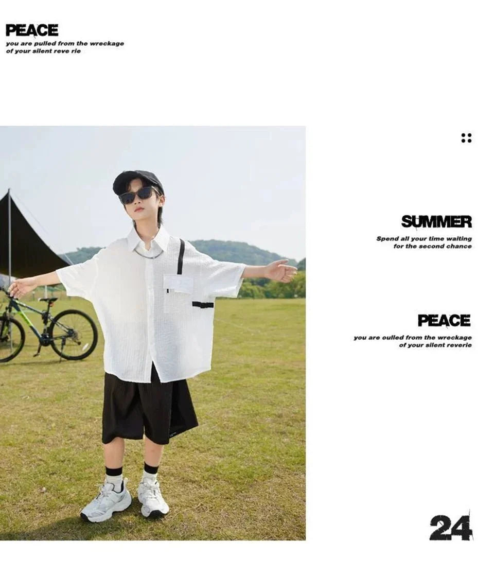 New Children Summer Thin Short Sleeved Shirt Shorts Two Piece Set Children Stylish Clothing Trend - Boys Summer & Party