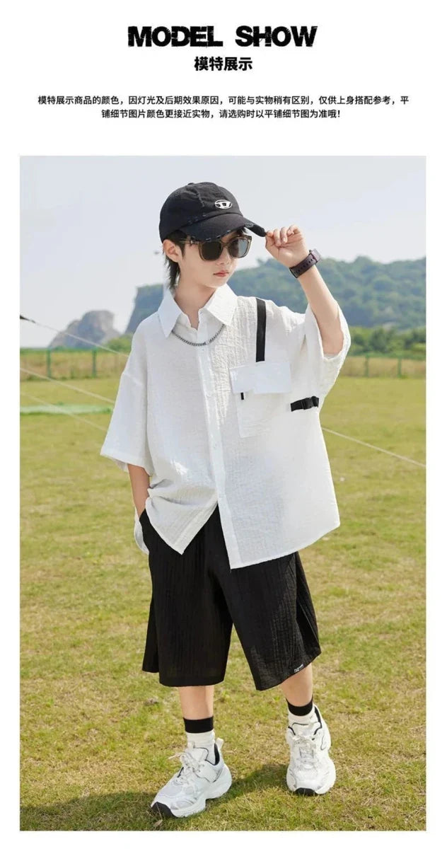 New Children Summer Thin Short Sleeved Shirt Shorts Two Piece Set Children Stylish Clothing Trend - Boys Summer & Party