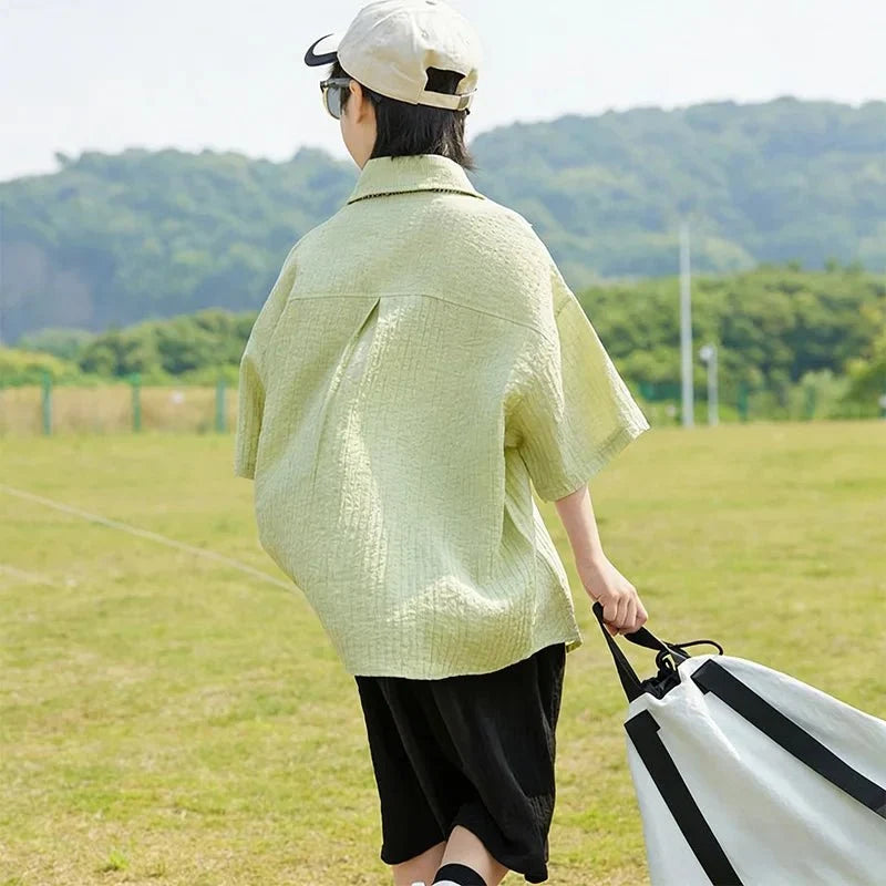 New Children Summer Thin Short Sleeved Shirt Shorts Two Piece Set Children Stylish Clothing Trend - Boys Summer & Party