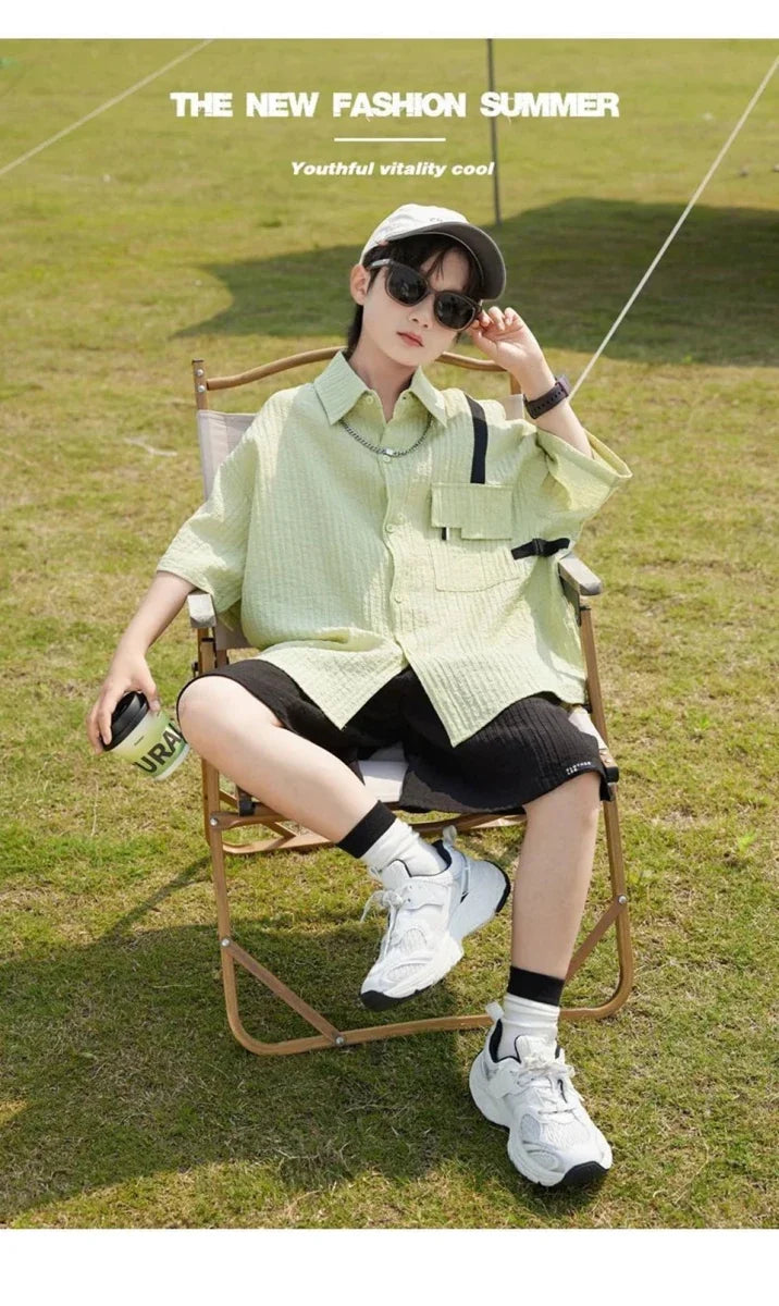 New Children Summer Thin Short Sleeved Shirt Shorts Two Piece Set Children Stylish Clothing Trend - Boys Summer & Party