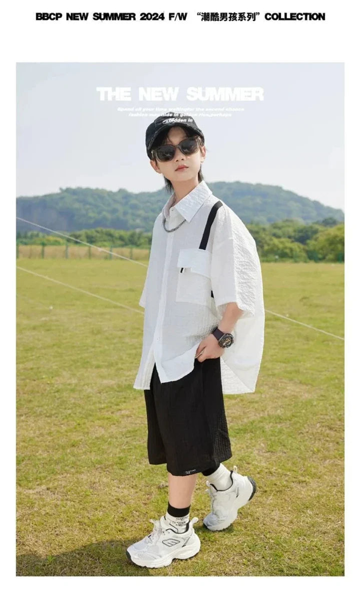 New Children Summer Thin Short Sleeved Shirt Shorts Two Piece Set Children Stylish Clothing Trend - Boys Summer & Party