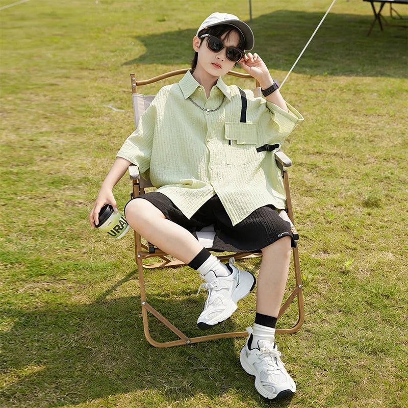 New Children Summer Thin Short Sleeved Shirt Shorts Two Piece Set Children Stylish Clothing Trend - Boys Summer & Party