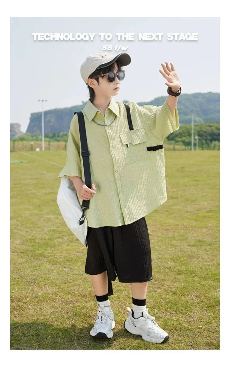 New Children Summer Thin Short Sleeved Shirt Shorts Two Piece Set Children Stylish Clothing Trend - Boys Summer & Party