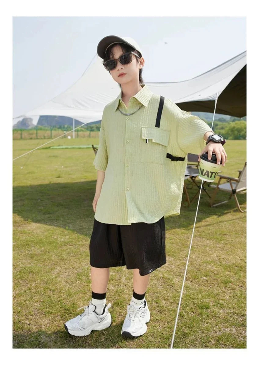 New Children Summer Thin Short Sleeved Shirt Shorts Two Piece Set Children Stylish Clothing Trend - Boys Summer & Party