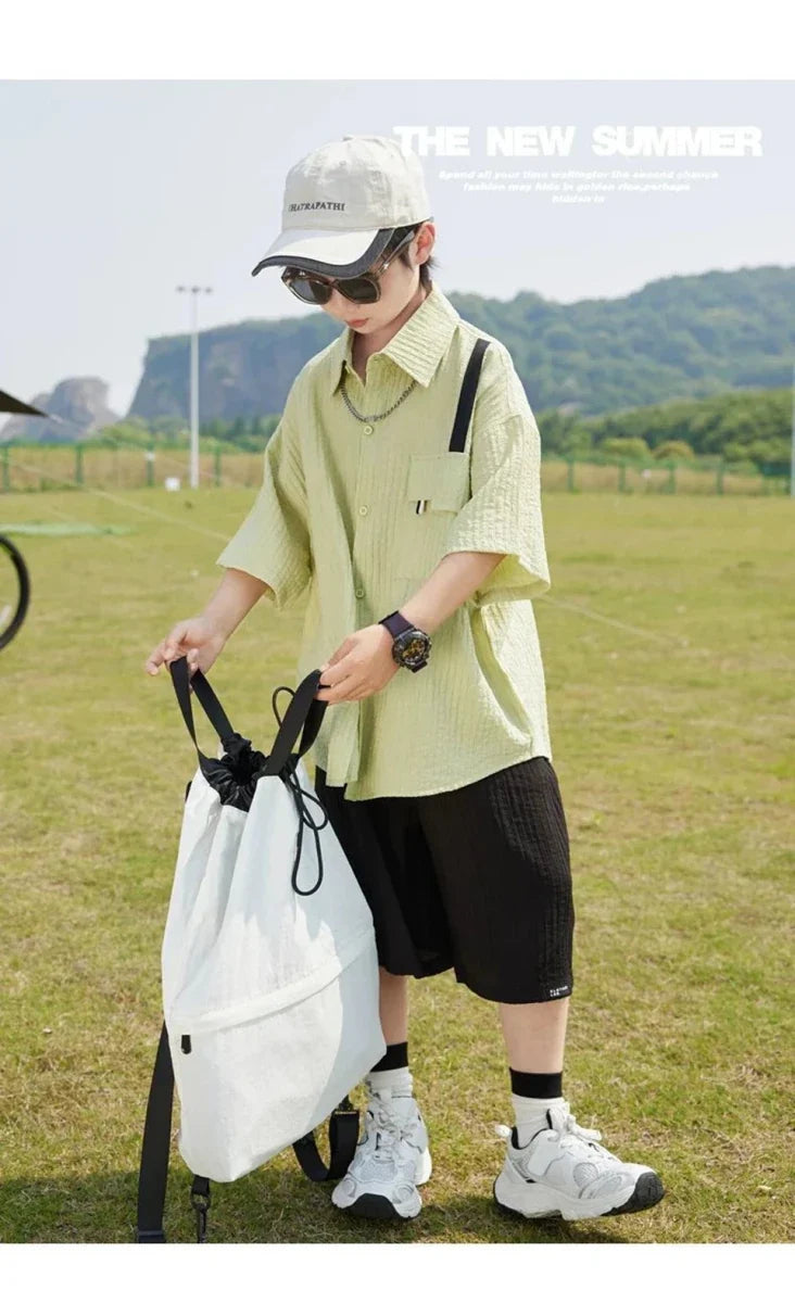 New Children Summer Thin Short Sleeved Shirt Shorts Two Piece Set Children Stylish Clothing Trend - Boys Summer & Party