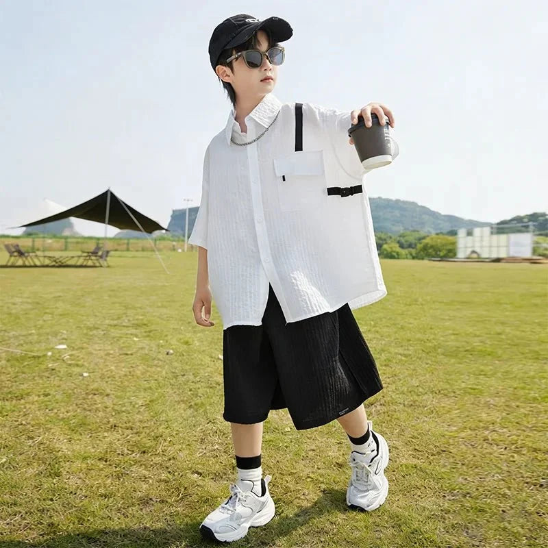 New Children Summer Thin Short Sleeved Shirt Shorts Two Piece Set Children Stylish Clothing Trend - Boys Summer & Party
