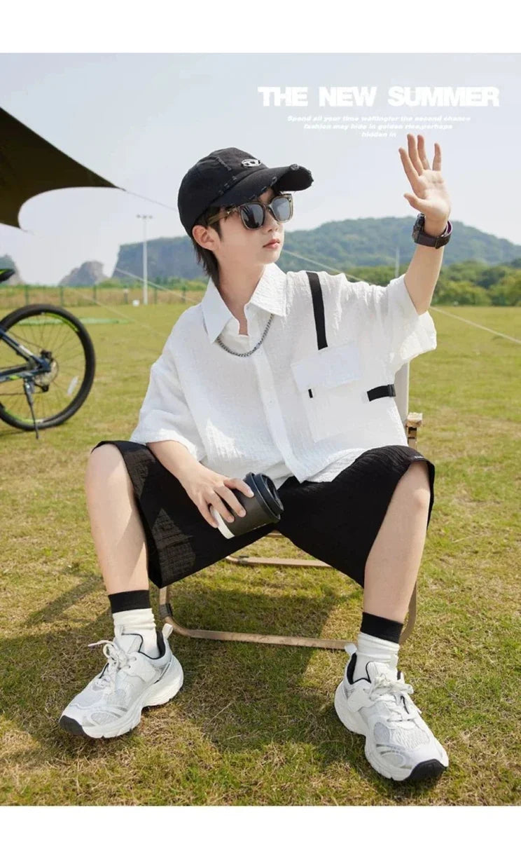 New Children Summer Thin Short Sleeved Shirt Shorts Two Piece Set Children Stylish Clothing Trend - Boys Summer & Party
