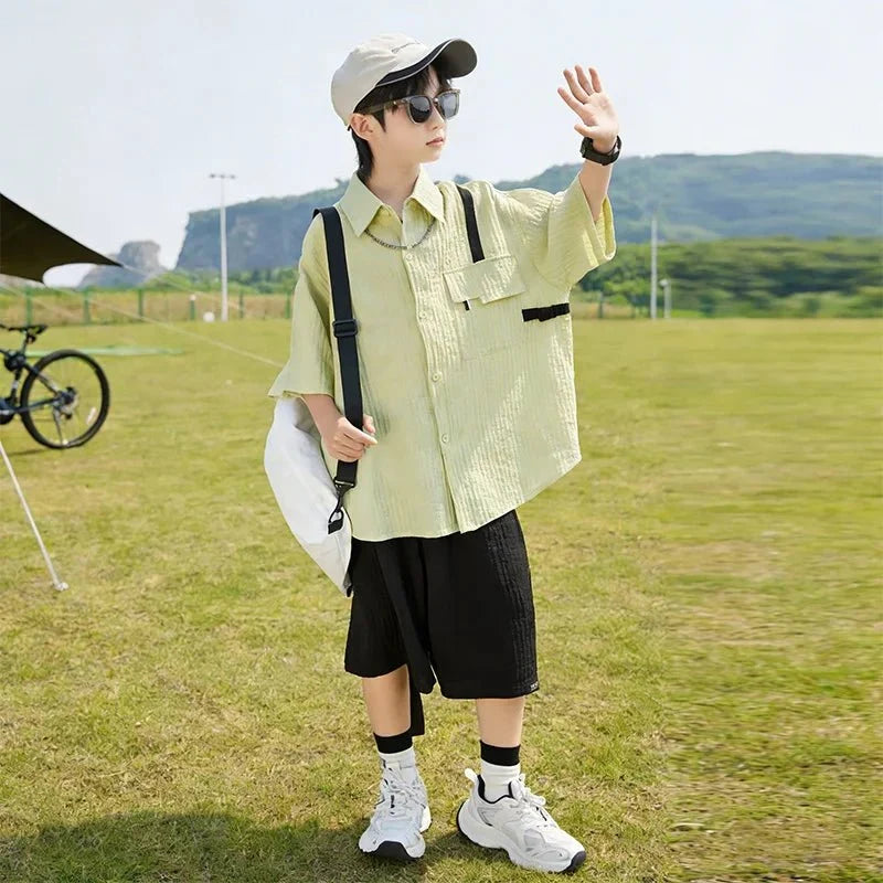 New Children Summer Thin Short Sleeved Shirt Shorts Two Piece Set Children Stylish Clothing Trend - Boys Summer & Party