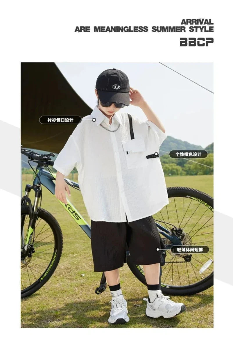 New Children Summer Thin Short Sleeved Shirt Shorts Two Piece Set Children Stylish Clothing Trend - Boys Summer & Party