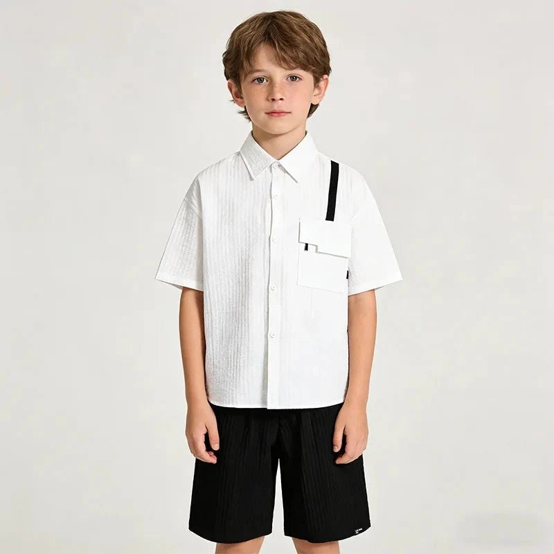 New Children Summer Thin Short Sleeved Shirt Shorts Two Piece Set Children Stylish Clothing Trend - Boys Summer & Party