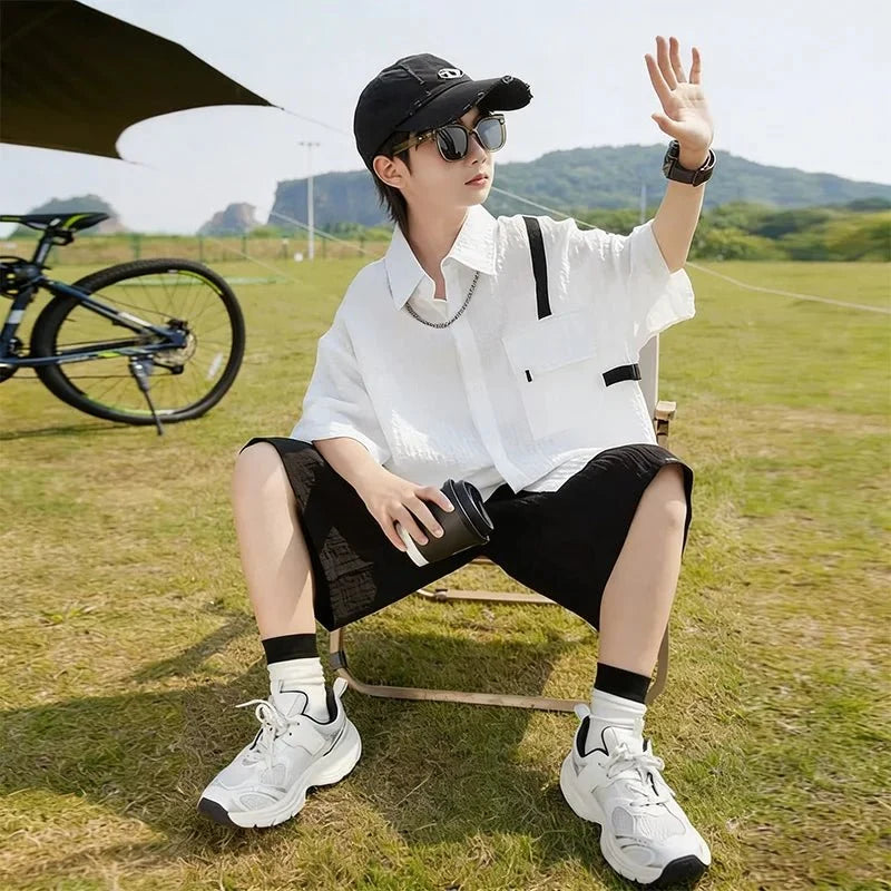 New Children Summer Thin Short Sleeved Shirt Shorts Two Piece Set Children Stylish Clothing Trend - Boys Summer & Party