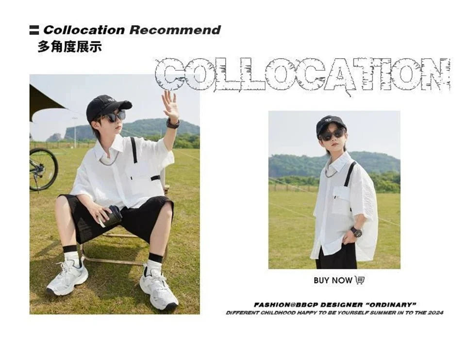 New Children Summer Thin Short Sleeved Shirt Shorts Two Piece Set Children Stylish Clothing Trend - Boys Summer & Party