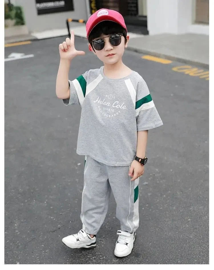 New Children Cool - New Children's Cool Loose Fit Sportswear Korean Edition Baby Short Sleeve T-shirt 2 Pieces - Boys Summer