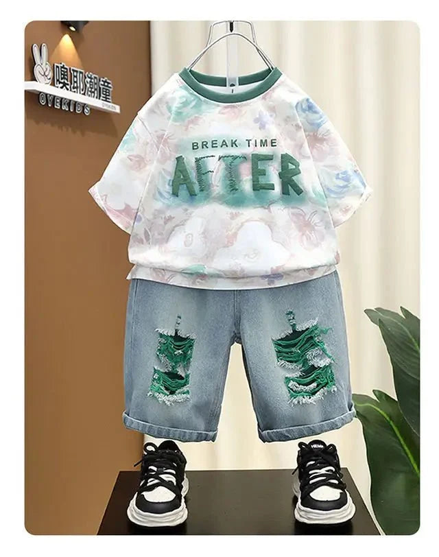 New Children Printed - New Children's Printed Thin T-shirt+ hole Denim Shorts Teenager Boys Summer Fashion outfits - Boys