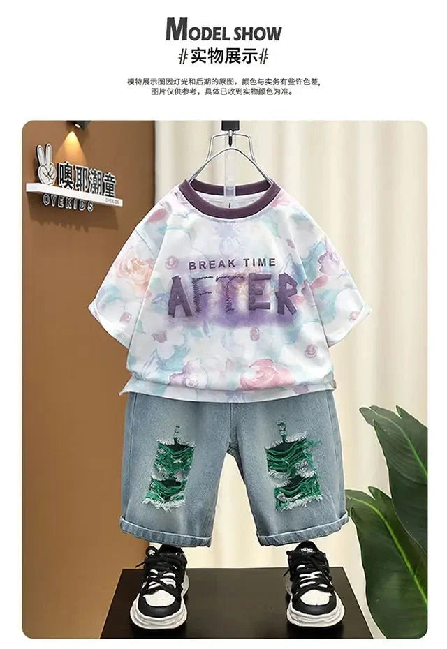 New Children Printed - New Children's Printed Thin T-shirt+ hole Denim Shorts Teenager Boys Summer Fashion outfits - Boys