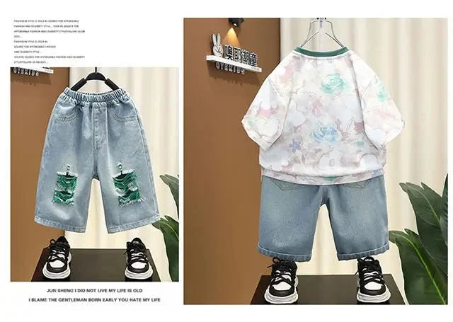 New Children Printed - New Children's Printed Thin T-shirt+ hole Denim Shorts Teenager Boys Summer Fashion outfits - Boys