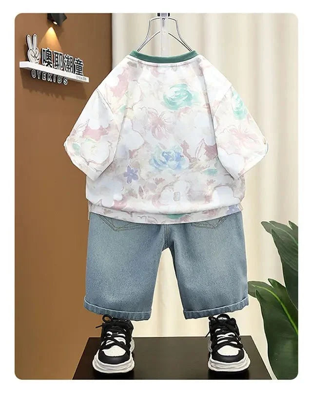 New Children Printed - New Children's Printed Thin T-shirt+ hole Denim Shorts Teenager Boys Summer Fashion outfits - Boys