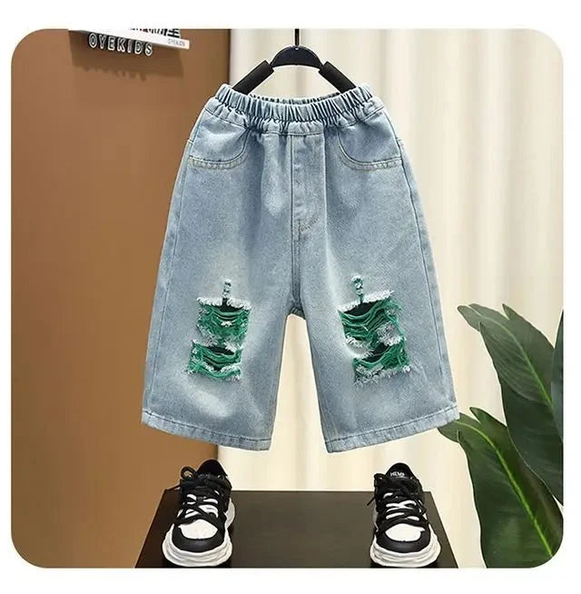 New Children Printed - New Children's Printed Thin T-shirt+ hole Denim Shorts Teenager Boys Summer Fashion outfits - Boys